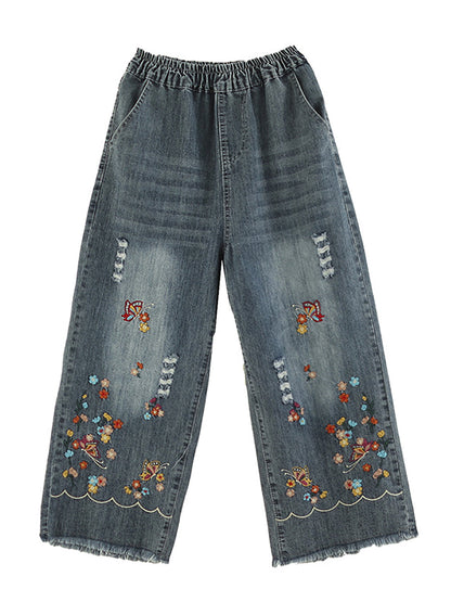 Summer Retro Embroidery Frayed Straight Denim Pants