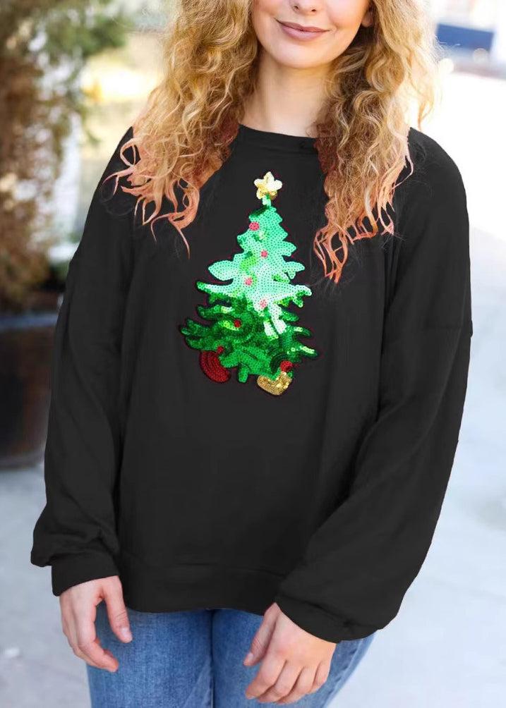 Red O Neck Christmas Tree Sequins Cotton Sweatshirts Top Winter