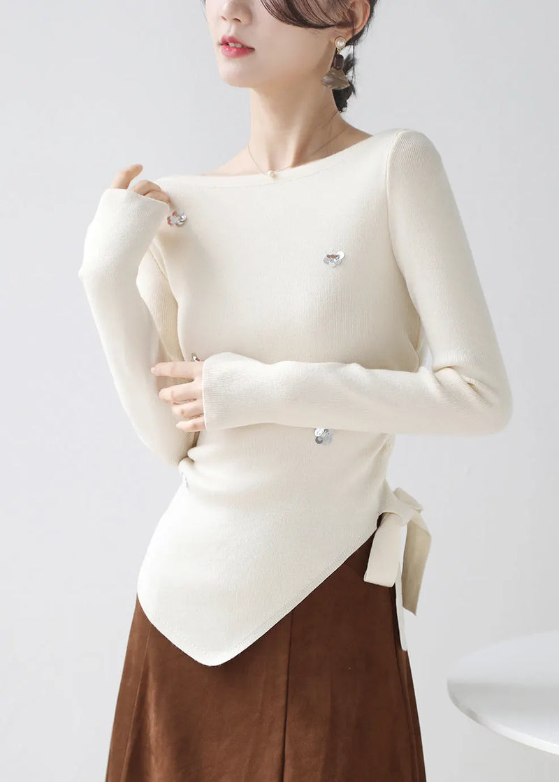Beige Sequins Knit Sweater Asymmetrical Lace Up Winter
