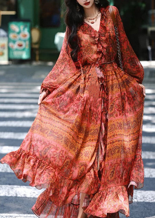 Red V Neck Ruffled Print Silk Robe Dresses Spring