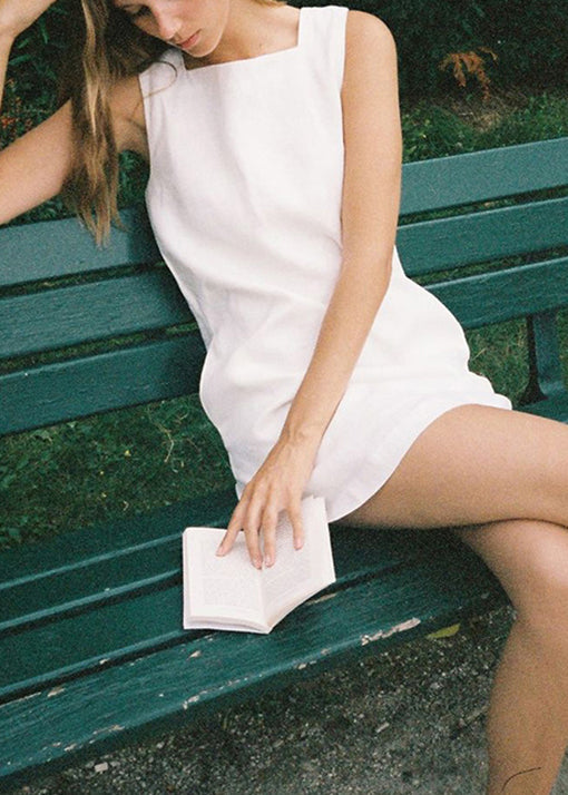 American Style White Square Collar Linen Mid Dresses Sleeveless