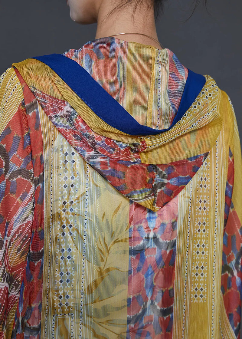 Yellow Hooded Print Chiffon Upf 50+ Cardigan Summer