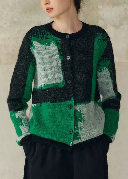 Green Geometric Button Patchwork Woolen Knit Coat Fall
