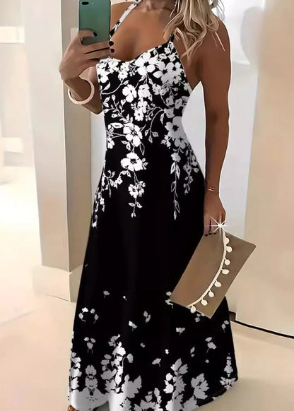Black Print Cotton Spaghetti Strap Dress Summer