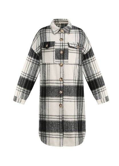 Black Peter Pan Collar Plaid Woolen Shirts Coat Spring