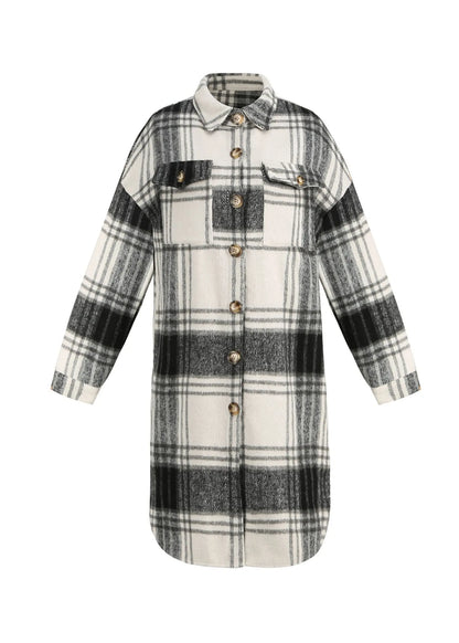 Black Peter Pan Collar Plaid Woolen Shirts Coat Spring
