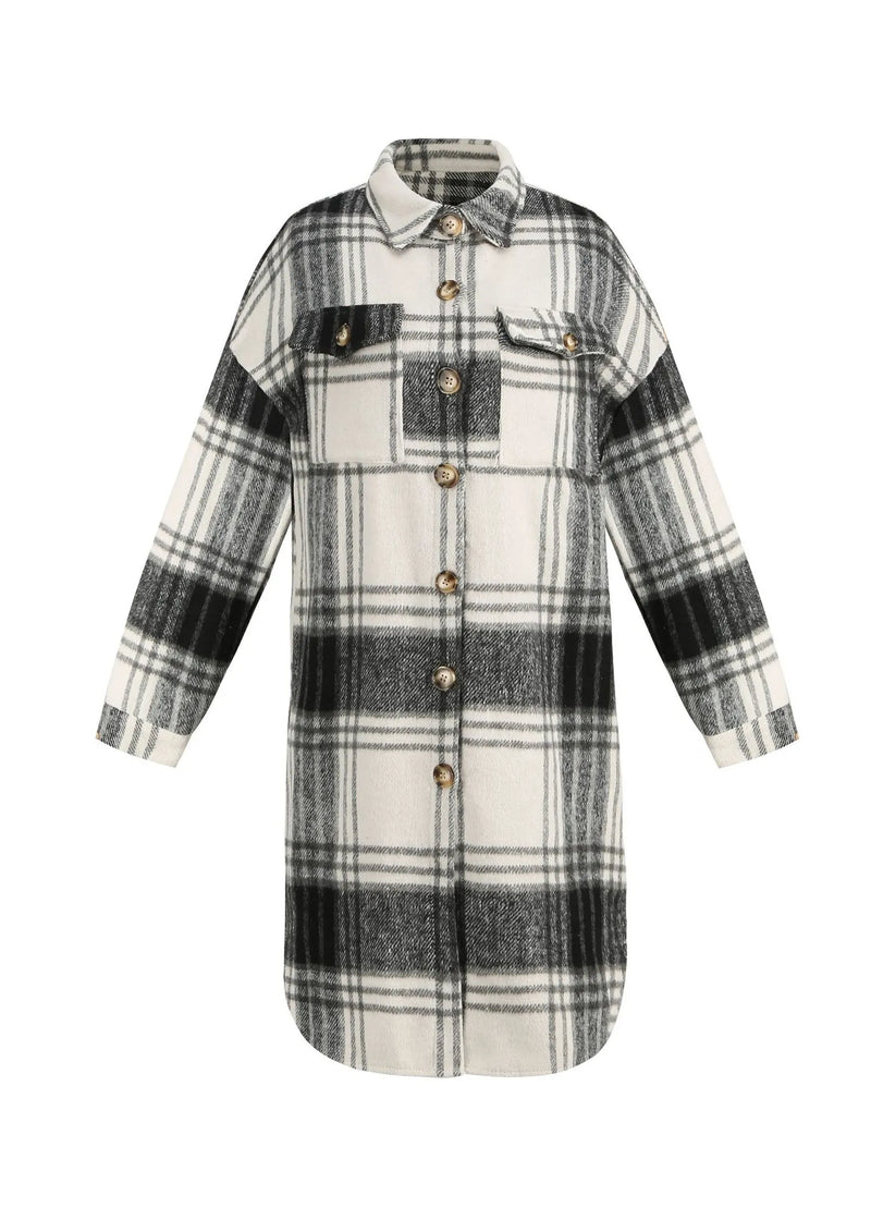Black Peter Pan Collar Plaid Woolen Shirts Coat Spring