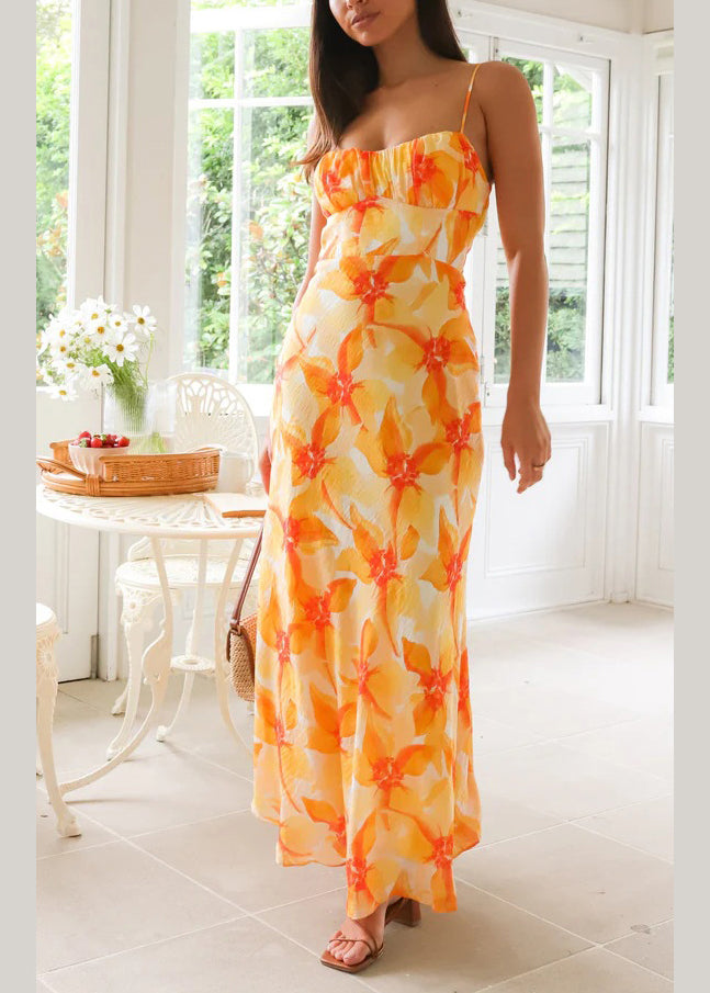 New Yellow Print Slim Fit Cotton Spaghetti Strap Dress Summer