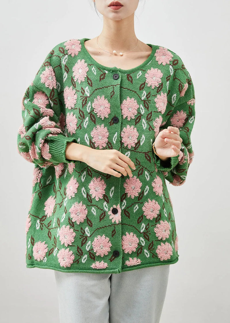 Green Jacquard Cozy Knit Cardigans Oversized Winter