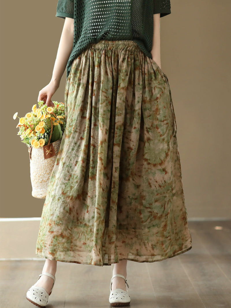 Summer Artsy Drawstring Loose Ramie Skirt
