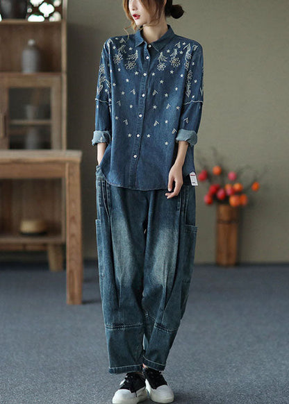 Fine Blue Embroidered Patchwork Cotton Denim Shirt Spring