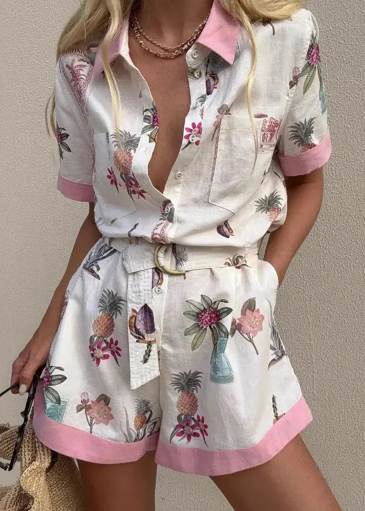 New White Button Print Pockets Linen Shirts Jumpsuits Summer