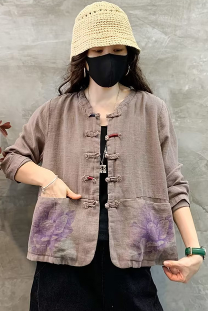 Fall New Button Down Cropped Cardigan Linen Print Coat