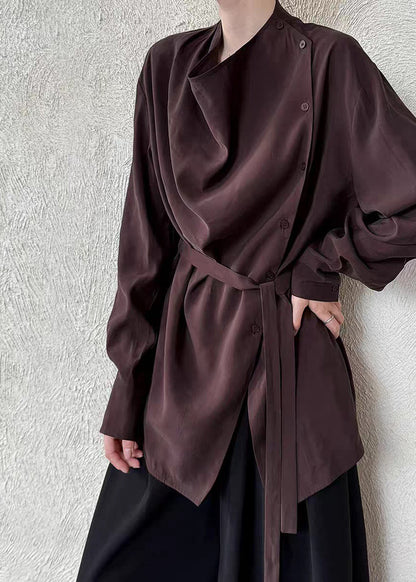 Loose Coffee Asymmetrical Tie Waist Shirt Spring