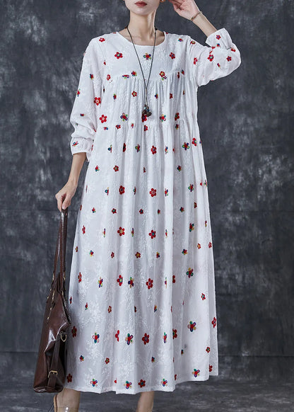 French White Embroidered Cotton Maxi Dress Spring