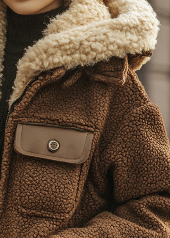 Modern Khaki Pockets Patchwork Fleece Wool Lined Hooded Jacket Spring