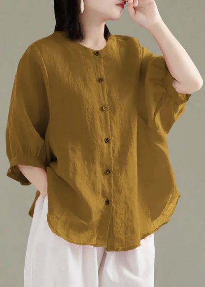 Art Red O-neck Button Linen Loose Shirt Top Lantern Sleeve