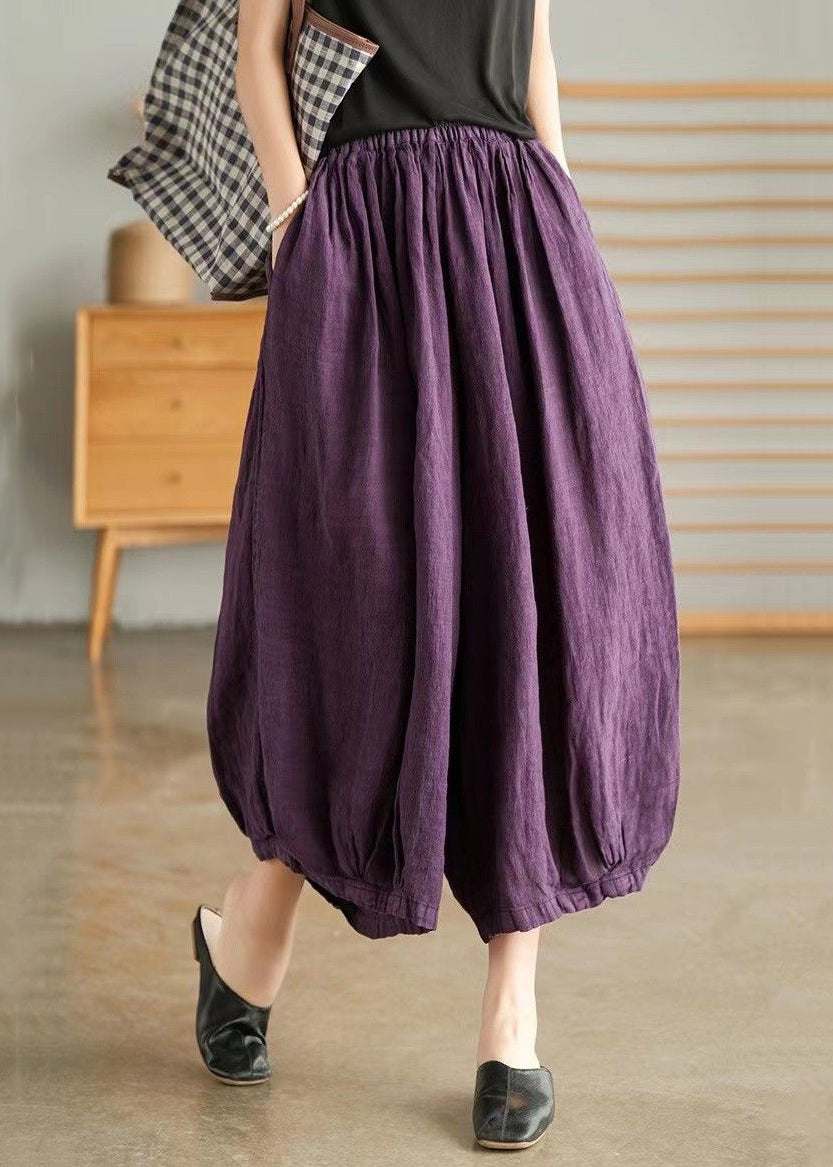 Purple Pockets Elastic Waist Linen Crop Pants Summer