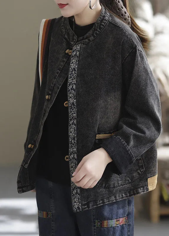 Black Oversized Pockets Patchwork Cotton Denim Coats Fall