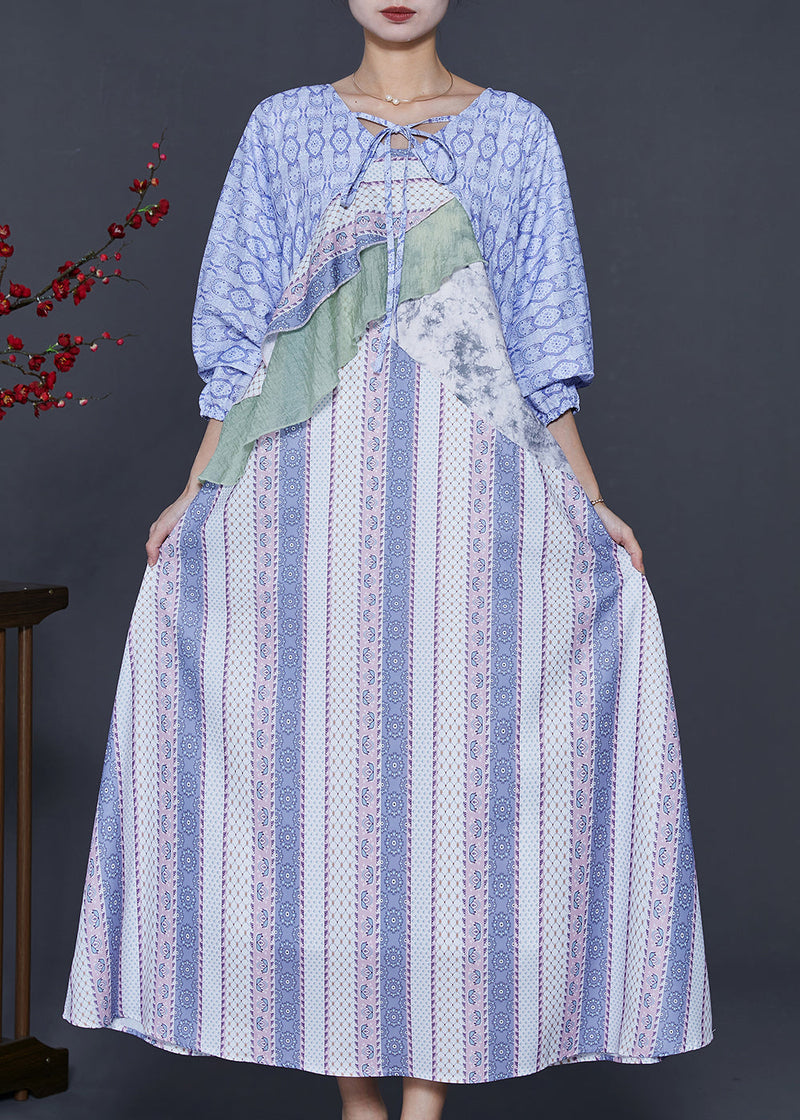Blue Print Patchwork Chiffon Dresses Summer