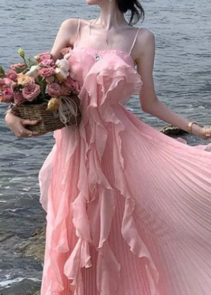 Novelty Pink Ruffled Chiffon Spaghetti Strap Dress Sleeveless