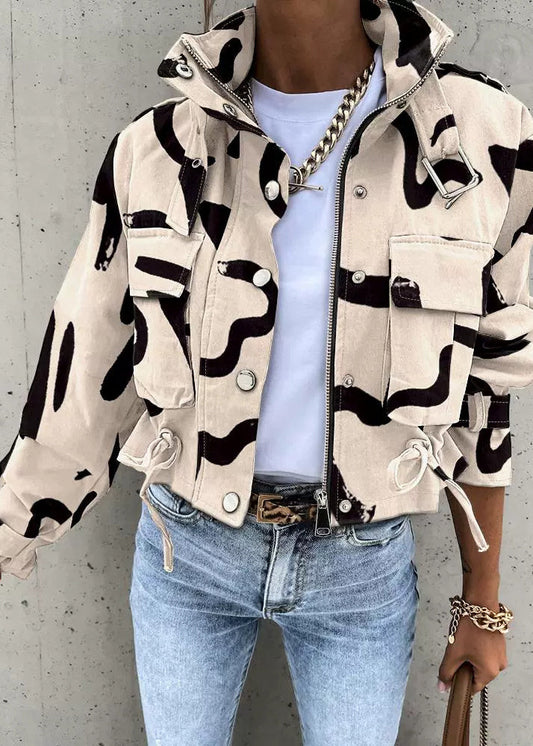Apricot Zippered Pockets Print Short Jacket Fall