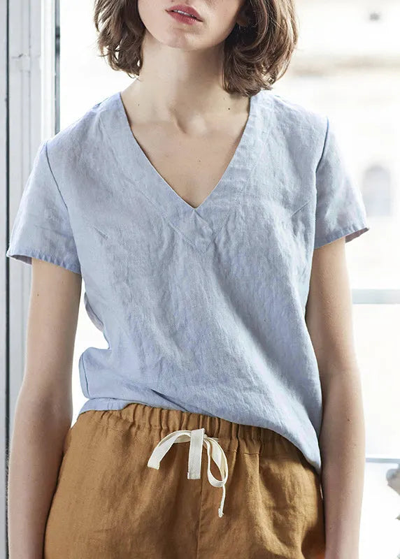 Boutique Green V Neck Simple Linen T Shirts Summer