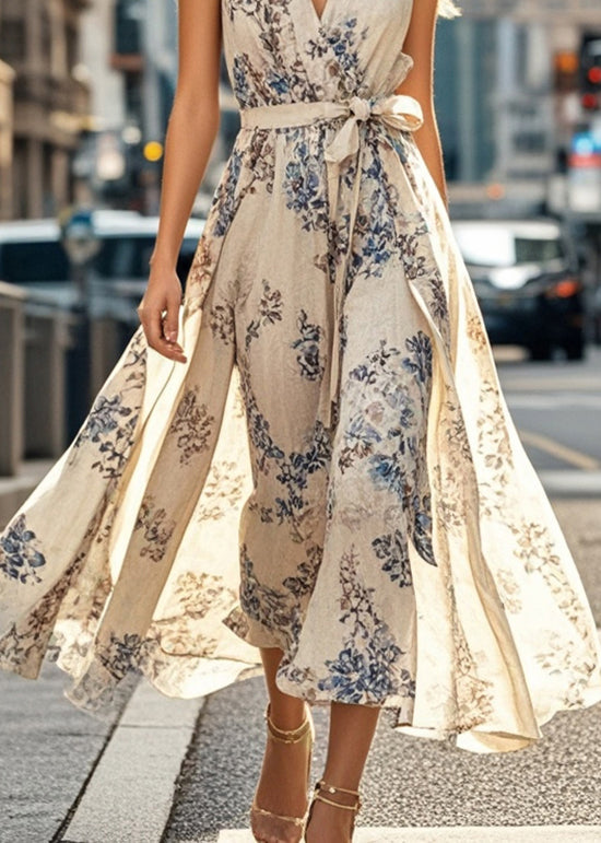 Apricot Tie Waist Print Cotton Dresses Sleeveless