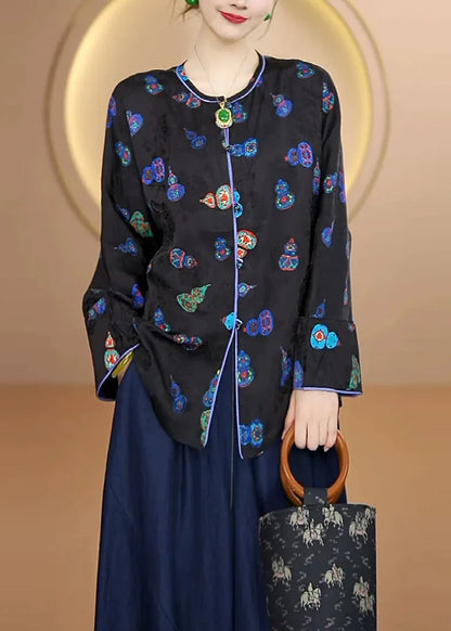 Black O Neck Print Button Silk Cardigans Fall