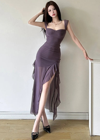Purple Ruffled Patchwork Side Open Tulle Maxi Dress Summer