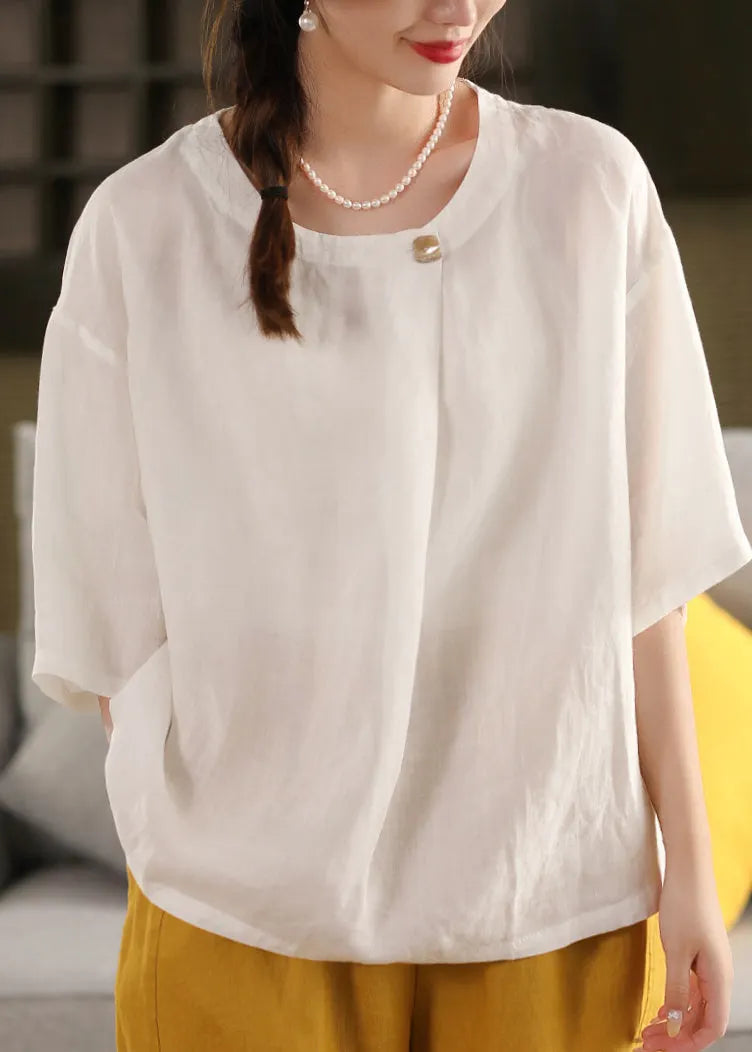 Yellow O Neck Linen Blouse Top Summer