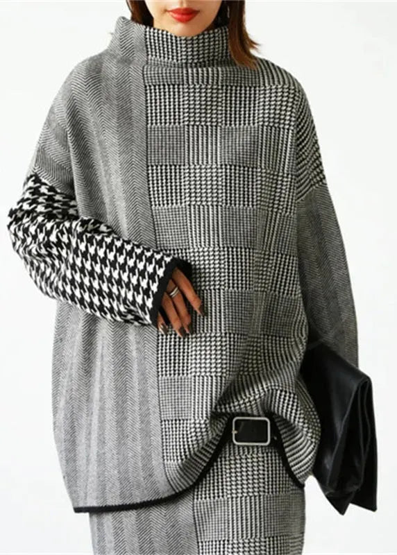 Loose Grey Plaid Knit Sweaters and Skirts Two Piece Set Outfits Fall