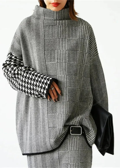 Loose Grey Plaid Knit Sweaters and Skirts Two Piece Set Outfits Fall