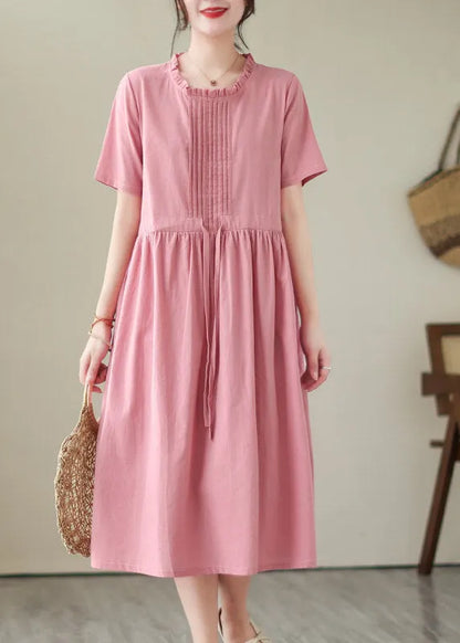 Green O-neck Patchwork Tie Waist Linen Long Dresses Short Sleeve