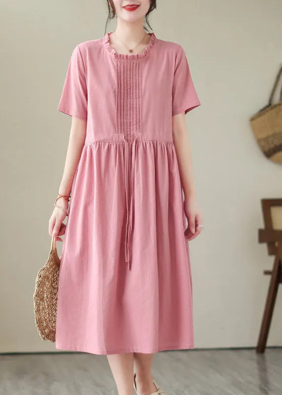 Green O-neck Patchwork Tie Waist Linen Long Dresses Short Sleeve