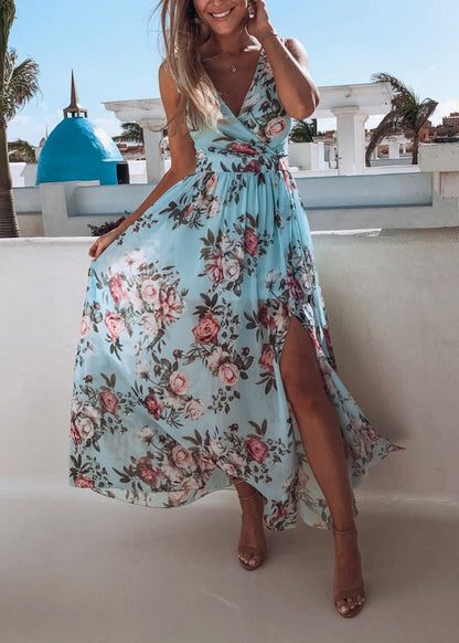 New Light Blue V Neck Print Side Open Chiffon Dresses Sleeveless