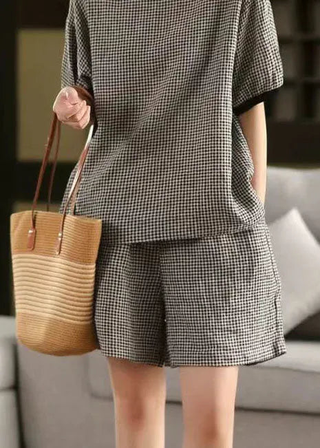 Classy Grey Oversized Plaid Linen Shorts Summer
