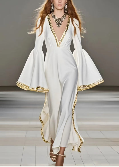 French White V Neck Patchwork Chiffon Party Dress Flare Sleeve