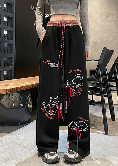 Grey Pockets Print Elastic Waist Cotton Pants Fall