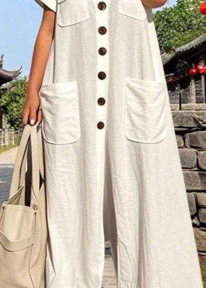 Style White V Neck Button Pockets Cotton Jumpsuits Summer