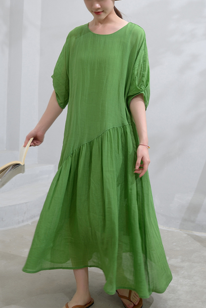 Summer Simple Puff Sleeve Dress Ramie Pleated Dress