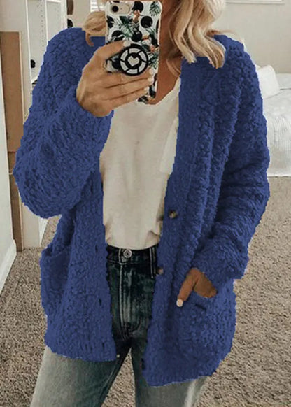 Red Pockets Button Woolen Loose Coat Fall