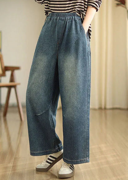 Blue Pockets Elastic Waist Denim Wide Leg Pants Spring