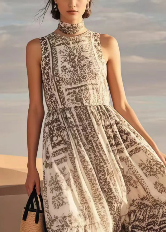 Simple Khaki Print Cotton Long Dresses Summer