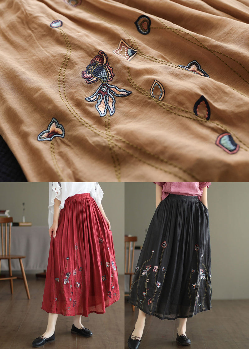 Black Elastic Waist Embroidered Linen Silk Skirt Spring
