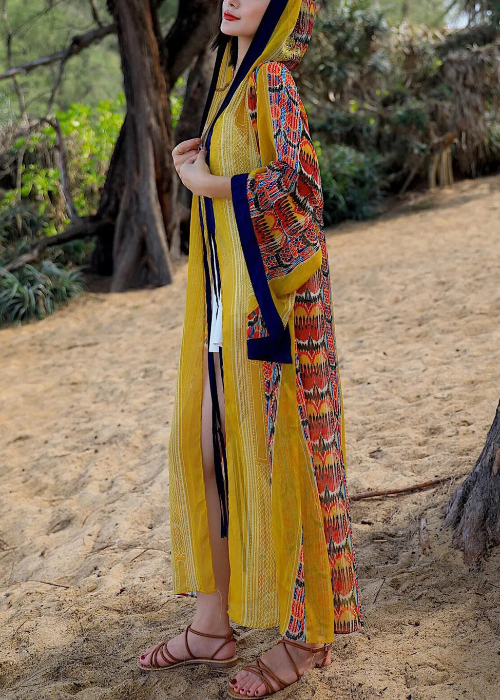 Yellow Hooded Print Chiffon Long Cardigan Flare Sleeve