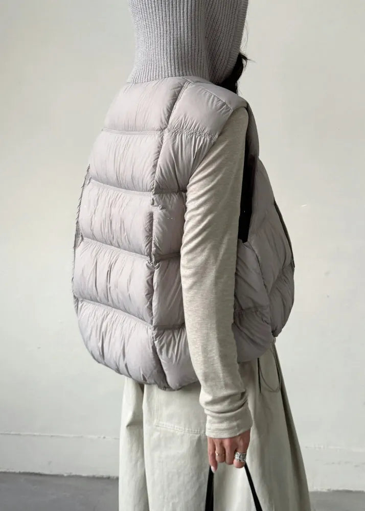 Grey Zippered Knit Patchwork Duck Down Waistcoat Hooded Sleeveless