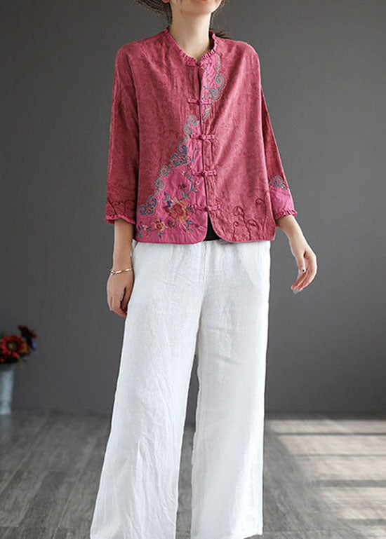 Rose Embroidered Chinese Button Patchwork Cotton Top Spring
