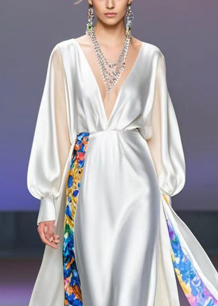 White Deep-v Neck Patchwork Print Silk Vacation Dress Fall