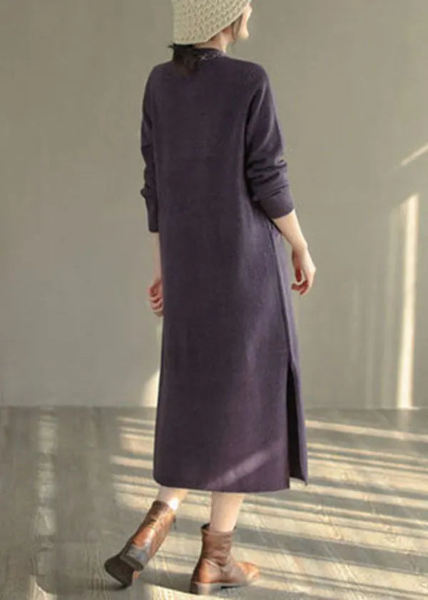 Purple Stand Collar Embroidered Knit Sweater Dress Winter